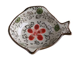 Set Of 4 Zakka Asian Style Fish-Shaped Ceramic Sauce Dishes [Red Flower]