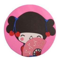 Set of 4 Cute Chinese Girl Non-Slip Waterproof Silicone Round Coasters [Pink]